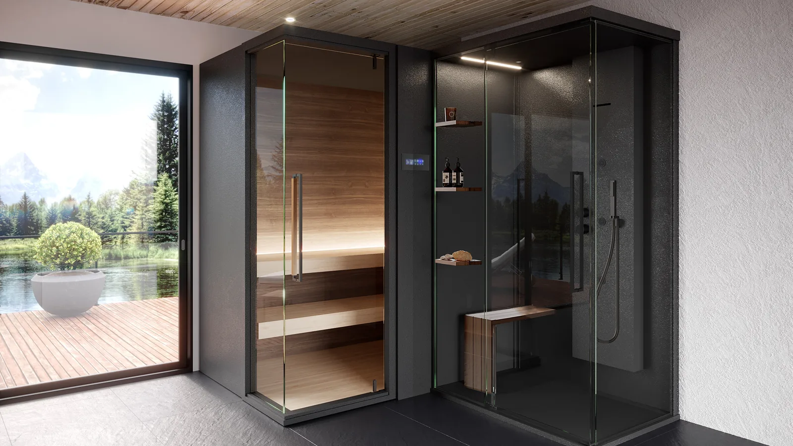 Megius Zen Combi Sauna und Hammam mit Dusche in einem modernen Wellnessraum