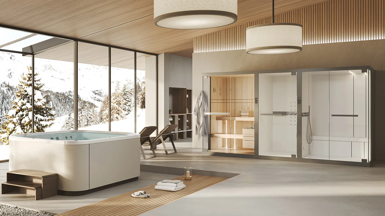 Novellini Home Oasis mit Sauna, Dusche und Spa in einem hellen Wellnessraum